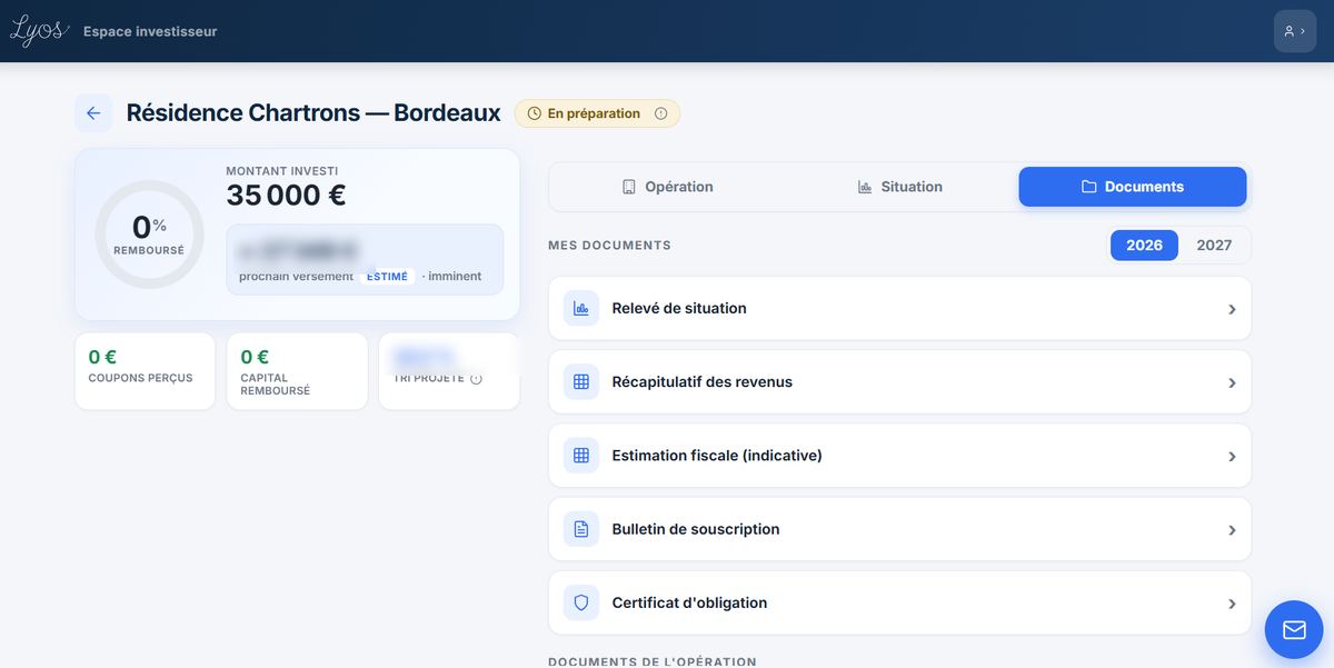 Espace documentaire d'un souscripteur : relevé de situation, récapitulatif des revenus, estimation fiscale