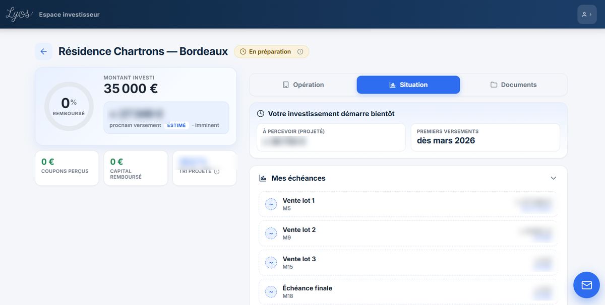 Espace investisseur : montant investi, échéances et projections